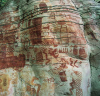 La compleja composici�n de pictograf�as plasmadas en las rocas de areniscas da testimonio de la ocupaci�n temprana en el r�o Guayabero
