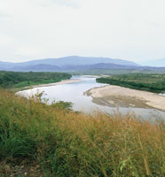 Desde su nacimiento hasta que sale de la cordillera y entra al valle , el r�o se desplaza por una fuerte pendiente y arrastra a su paso una gran cantidad de sedimentos. Valle alto del Magdalena a la altura de Hobo.