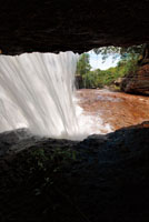 Durante la ca&iacute;da, la fuerza del agua que produce abrasi&oacute;n en las paredes de roca, las va haciendo cada vez m&aacute;s escarpadas, hasta configurar un precipicio con extraplomos y en ocasiones una caverna en su base. Ca&ntilde;o Cristales, Meta. 