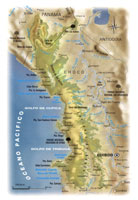 La serran�a del Baud�-Los Saltos, al parecer el relicto de una cuarta cordillera conocida como la del Pac�fico, es la m�s larga del pa�s, con una longitud aproximada de 400 kmm